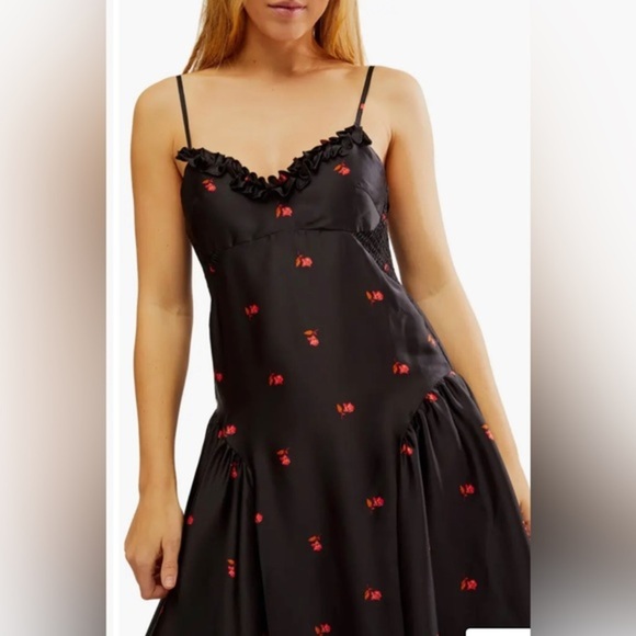 Free People black On My Own red Floral Satin Nightgown dress size medium new - Picture 4 of 4